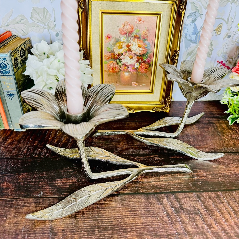 Set of 2 Silver Flower Candle Holders – Metal Taper Candlestick Holders